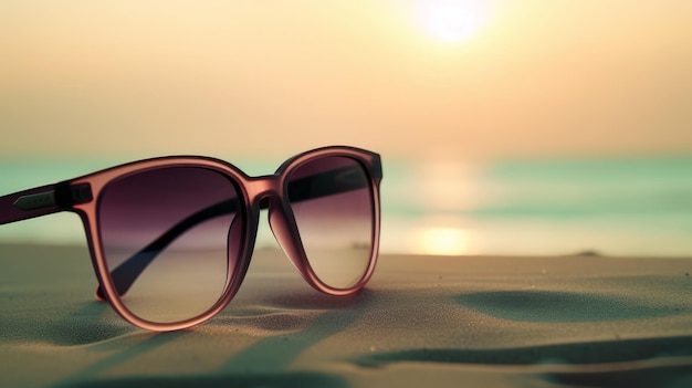 Une paire de lunettes de soleil sur une plage avec le coucher de soleil derrière eux