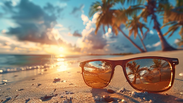 Une paire de lunettes de soleil sur la plage avec des palmiers en arrière-plan