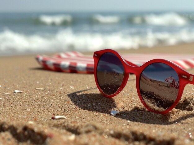 une paire de lunettes de soleil sont posées sur la plage