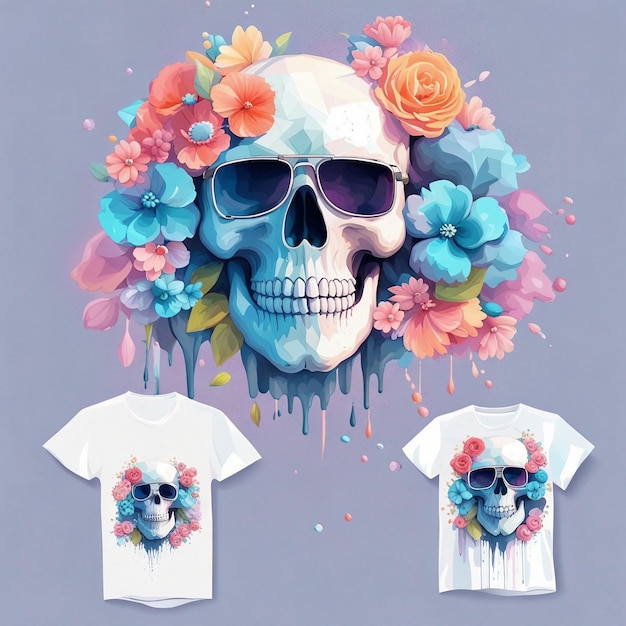 Une paire de lunettes de soleil tendance à tête de mort colorée avec un design de t-shirt à fleurs