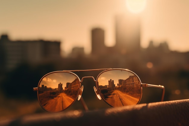 Une paire de lunettes de soleil avec la ville en arrière-plan