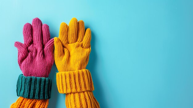 Une paire de mains portant des gants tricotés colorés Les gants sont roses et jaunes avec un manchet à rayures vertes et blanches