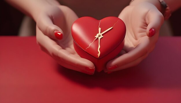 Une paire de mains tenant une boîte en forme de cœur rouge avec une montre en or à l'intérieur