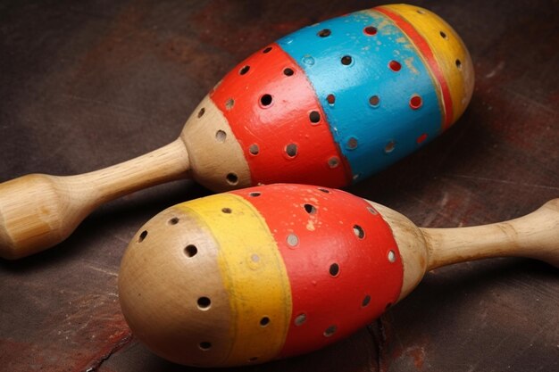 Une paire de maracas aux couleurs rouge et bleue est posée sur une table.