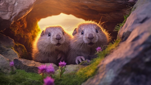 Une paire de marmottes moelleuses sont sorties de leur trou dans les montagnes un jour de printemps ensoleillé parmi les roses