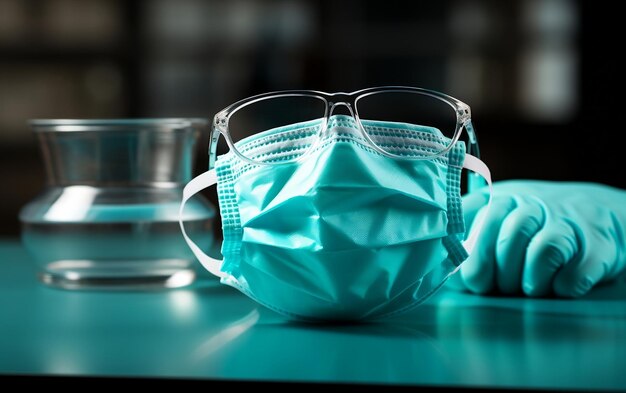 Une paire de masques chirurgicaux posés sur une table AI