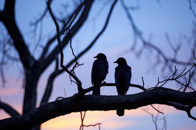 Une paire d'oiseaux noirs reposant dans un arbre au crépuscule