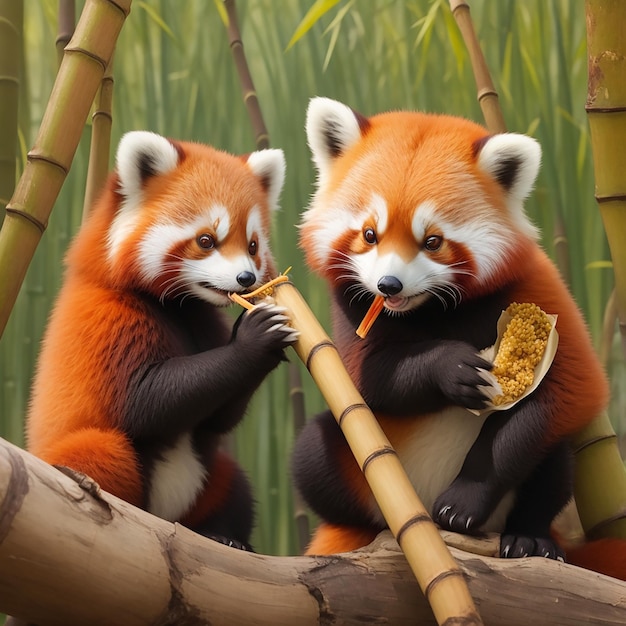 Une paire de pandas rouges mignons partageant une collation en bambou
