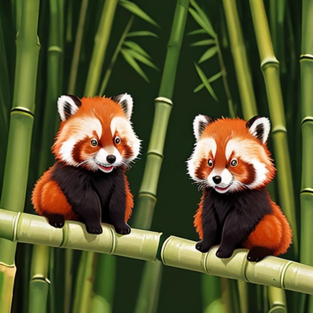 Une paire de pandas rouges mignons partageant un vecteur de collation en bambou isolé sur blanc bg