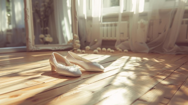 Une paire de pantoufles de ballet sur une piste de danse en bois avec un miroir