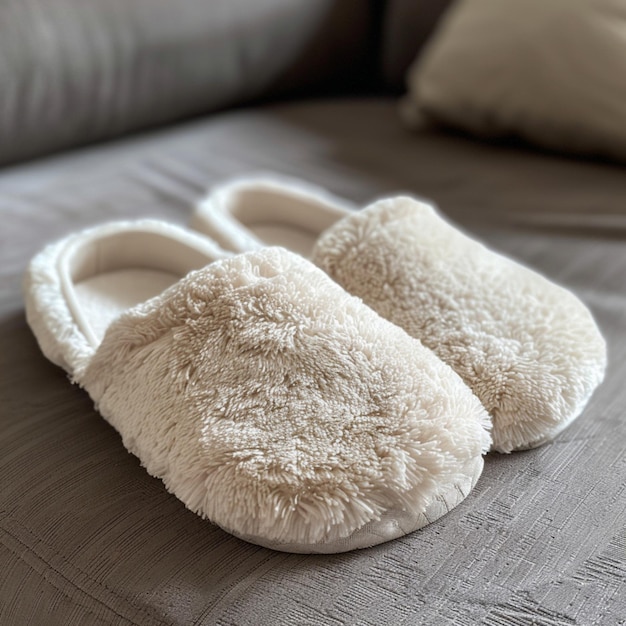 une paire de pantoufles sur un lit avec une couverture blanche