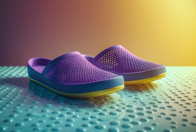 Une paire de pantoufles violettes repose sur une surface bleue avec un motif de losanges jaunes.