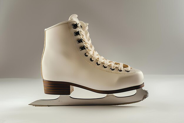 Une paire de patins à glace avec un haut blanc et un fond brun sur une surface blanche avec un gris clair