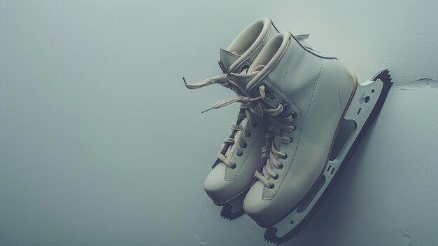 Photo une paire de patins à glace pendus sur un fond de mur bleu clair les patins sont blancs avec des lames argentées