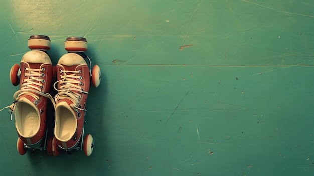 Photo une paire de patins à roulettes vintage est accrochée à un mur vert menthe les patins sont rouges et blancs avec des lacets blancs les roues sont bleues et jaunes