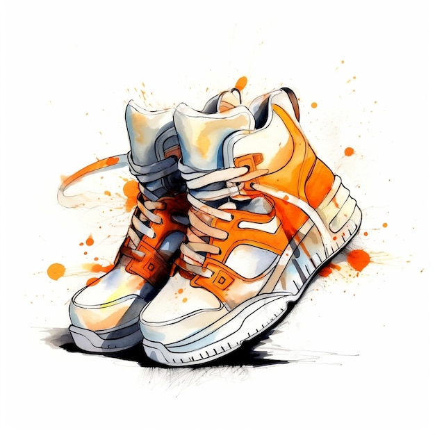 Une paire de peintures orange sur un fond blanc Sneakers élégants Peinture à l'aquarelle