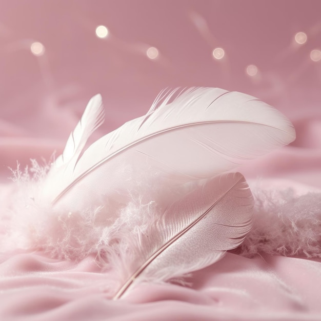 Une paire de plumes blanches est posée sur un fond rose avec une guirlande lumineuse.