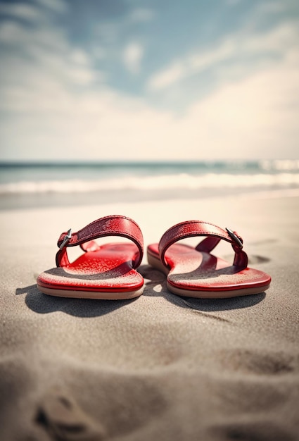 Une paire de sandales rouges sur une plage