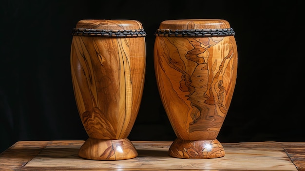 Photo une paire de tambours de djembe en bois assis sur une table en bois sur un fond noir les djembes ont des sculptures complexes et sont de tailles différentes