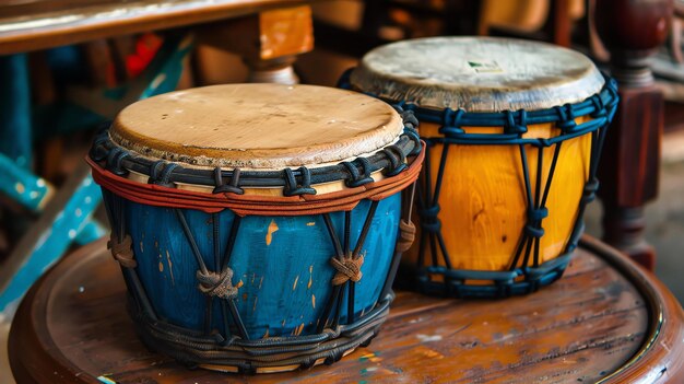 Photo une paire de tambours traditionnels africains assis sur une table en bois les tambours sont en bois et ont une finition bleue et jaune