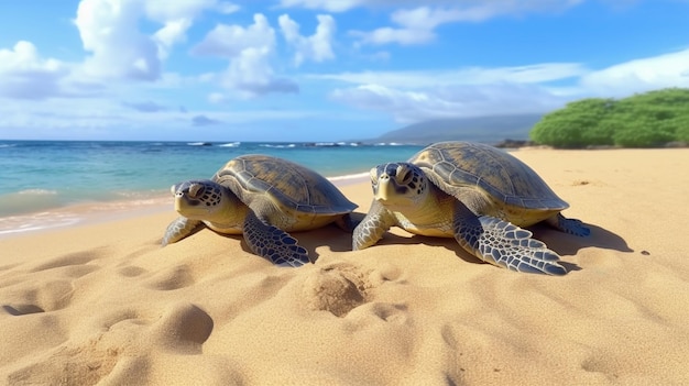 Une paire de tortues de plage hawaïennes se reposant dans le sable Ai Generative