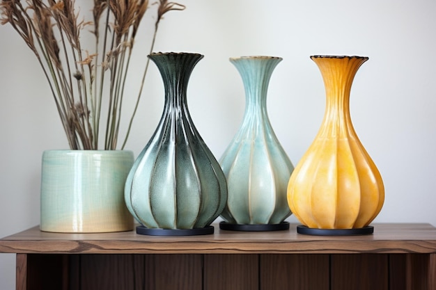 Une paire de vases en céramique faits à la main sur une étagère en verre