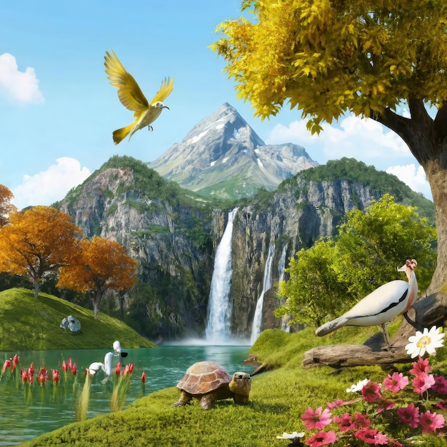 Photo un paisaje con una cascada dorada sobre las montaas y aves de color dorado volando con flores (un paysage avec une cascade dorée sur les montagnes et les oiseaux de couleur doré volant avec des fleurs)