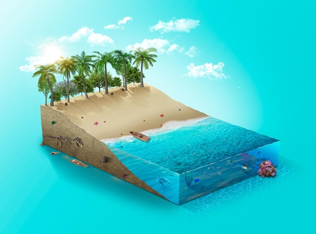 Paix de plage isométrique 3d d'une île tropicale avec fond de voyage et de vacances de l'eau et des palmiers