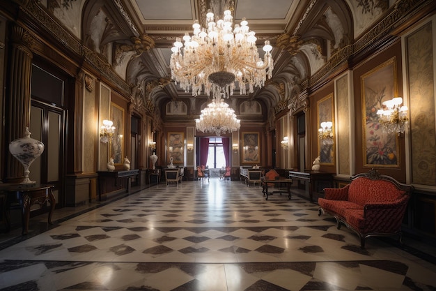 Palais baroque avec lustres élaborés, meubles somptueux et sols en marbre
