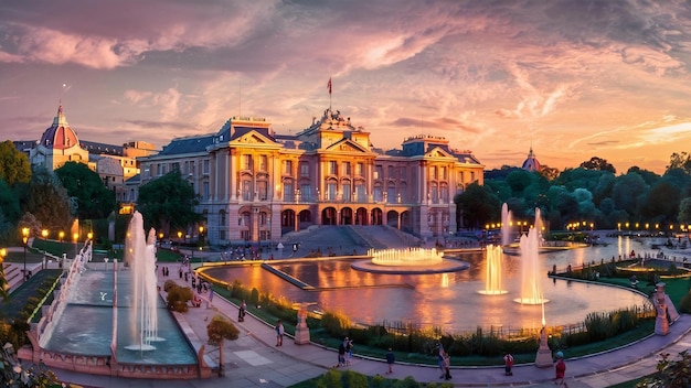 Palais de la communication au crépuscule d'été à Madrid