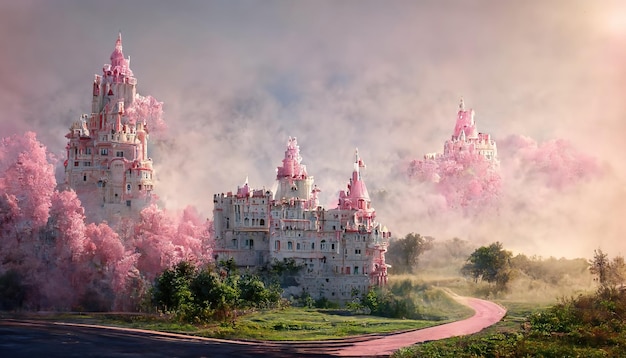 Photo palais de conte de fées avec tourelles et arbres autour de la route sous le ciel bleu