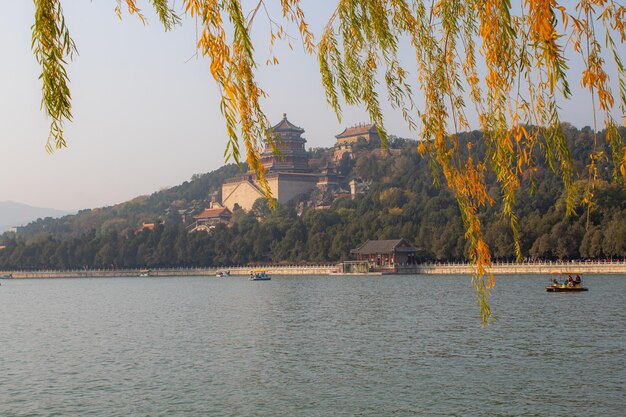 Le palais d'été de la colline de la longévité et le lac Kunming derrière les arbres dorés coucher du soleil ciel copier l'espace pour le texte