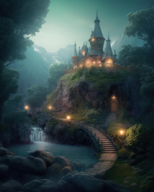 Un palais magique de roi de conte de fées fantastique dans un bel endroit IA générative
