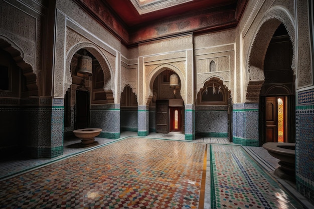 Palais marocain carreaux colorés et plâtre sculpté IA générative