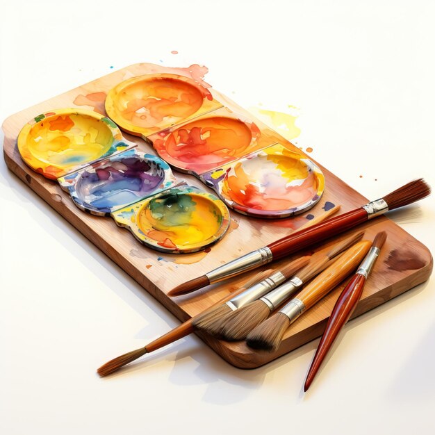 Photo palette d'aquarelles avec pinceaux sur fond blanc peinture à l'aquarelle