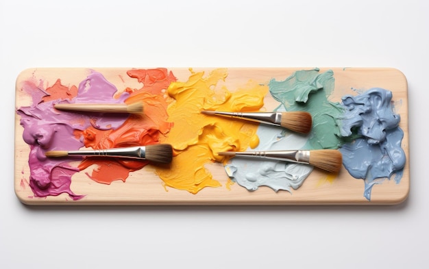 Photo palette d'art coloré avec des pinceaux isolés sur fond blanc