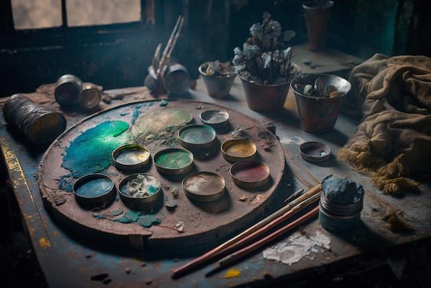 une palette d'artiste avec un mélange de couleurs et de taches de peinture