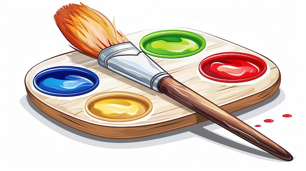 Photo une palette d'artistes en bois avec quatre couleurs de peinture rouge bleu jaune et vert et un pinceau avec poignée brune reposant sur la palette