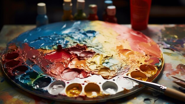 Photo palette d'artistes avec peintures à l'huile mélangées et pinceaux fond d'atelier créatif