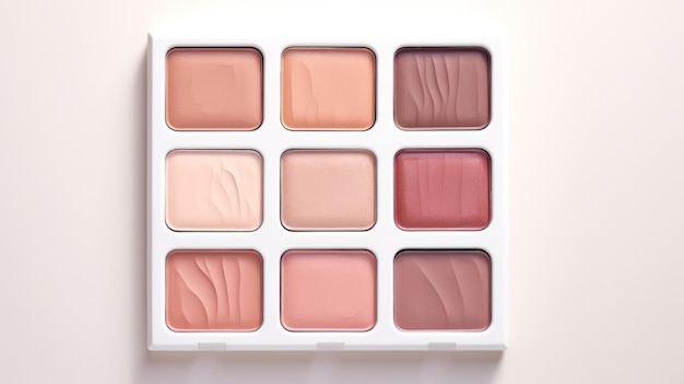 une palette de blush avec des nuances allant de la pâte de pêche claire à la rose profonde dans une palette blanche propre