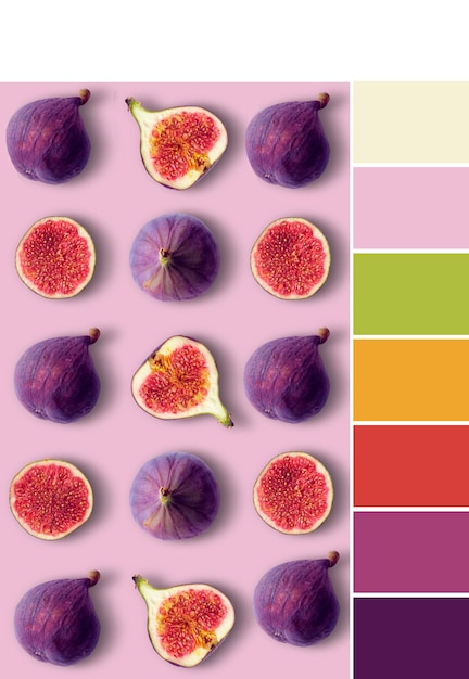 Palette de correspondance des couleurs à partir de l'image de la figue entière et coupée en deux sur fond de couleur rose