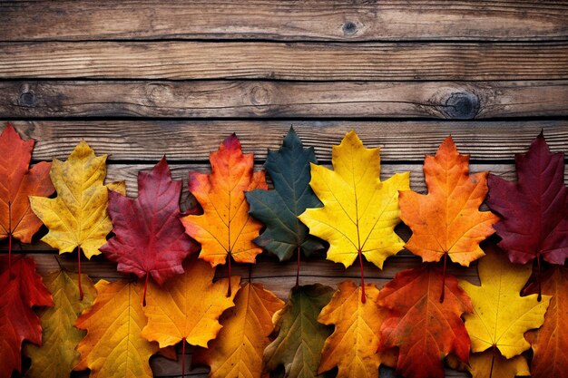 La palette de la nature Les feuilles d'automne colorées sur le bois