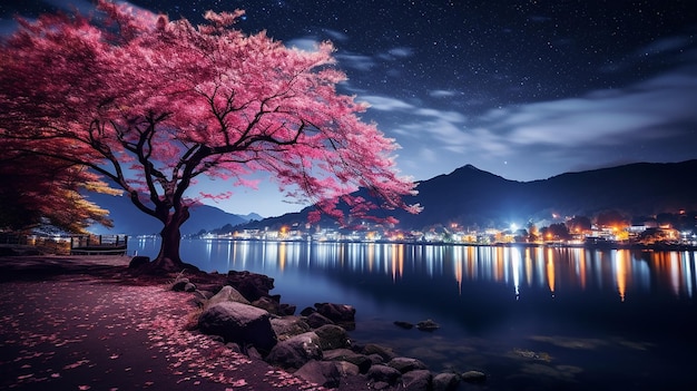 Palette nocturne d'automne Des arbres colorés à Fuji