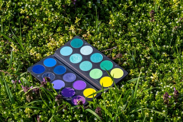 Photo une palette de peinture dans l'herbe avec le mot peinture dessus.