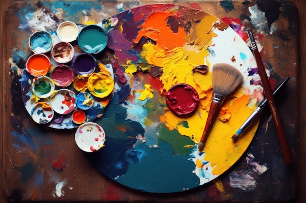 Photo palette de peinture avec pinceaux sur table en bois