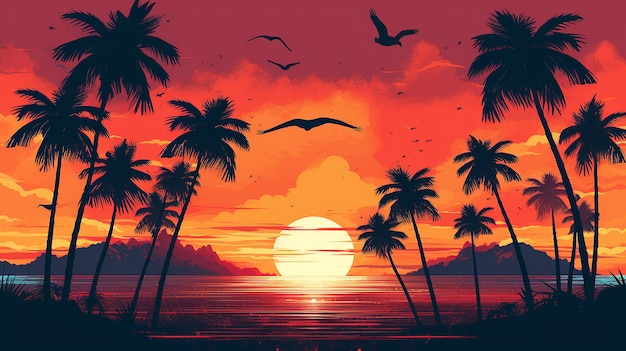 Palm beach synthwave coucher de soleil horizon oiseaux rétro années 80 IA générative