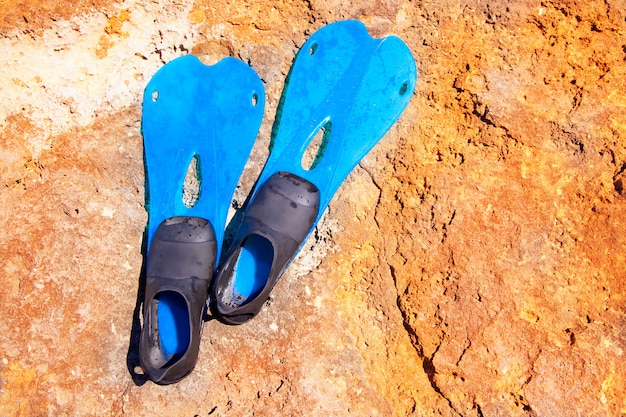palmes de plongée sous-marine bleues, jour d'été, sur rocher