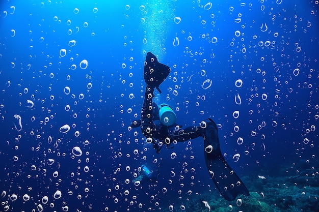 palmes de plongeur vue de l'arrière sous l'eau, vue sous-marine du dos d'une personne nageant avec la plongée sous-marine