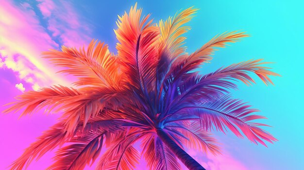Palmier coussiné sur l'établissement du ciel conditionné dans des couleurs pastel néon arc-en-ciel saupoudrées sous tension Ressource créative générée par l'IA