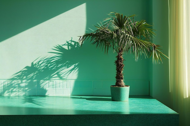 Photo palmier dans un pot sur un fond de mur vert avec des ombres